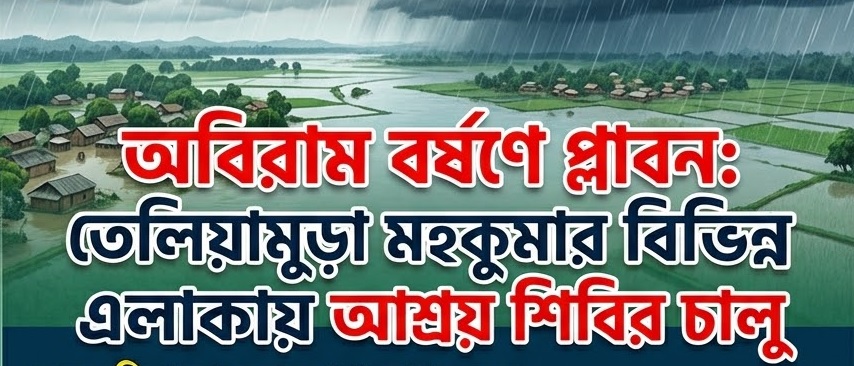 অবিরাম বর্ষণে প্লাবন: তেলিয়ামুড়া মহকুমার বিভিন্ন এলাকায় আশ্রয় শিবির চালু